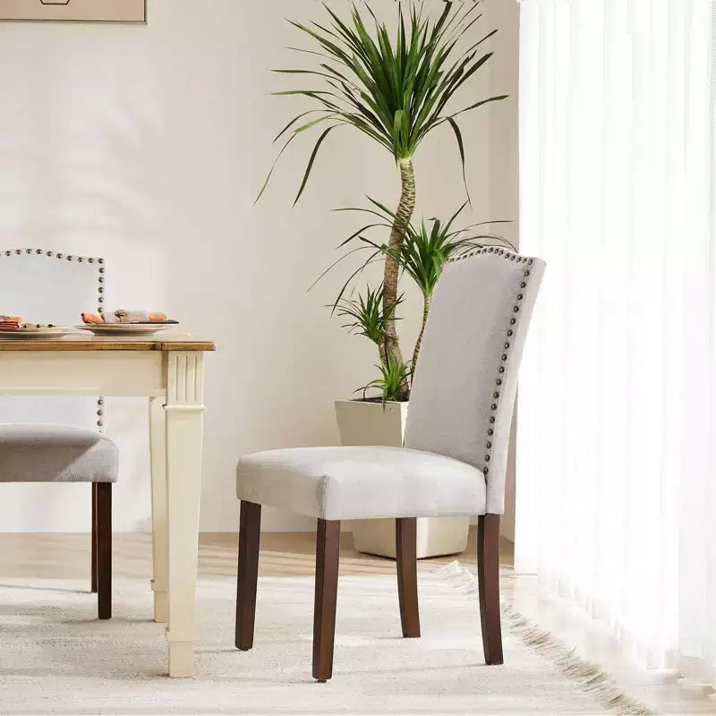 TUYOHW 17.7H Retro Dining Chairs with Nailhead Trim,Set of 2,Elegant Linen Fabric Side Chairs with High Back & Rubberwood Legs,250lbs Max
