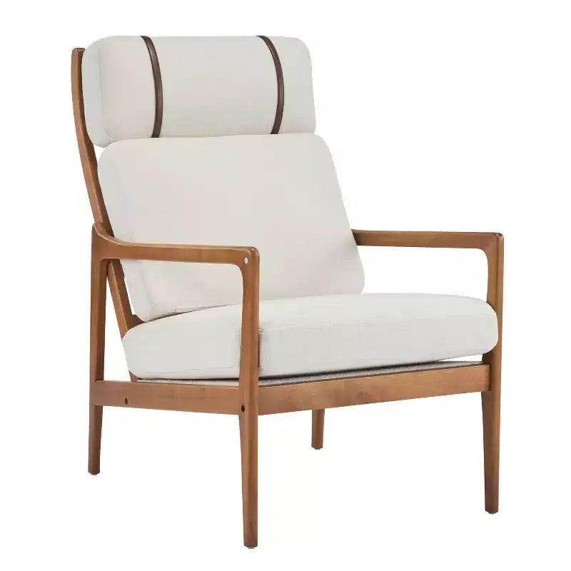 MAYEERTY Mid Century Modern Accent Armchair, Solid Wood Frame High Back Ergonomic Beige Cushions, Living Room Bedroom Reading Nook, Beige