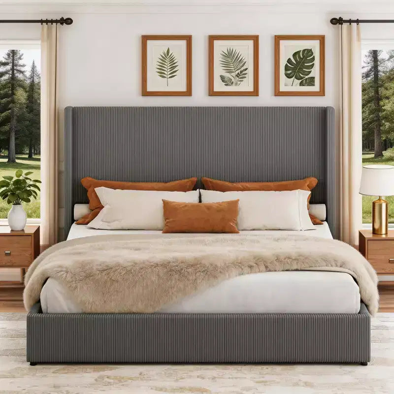 Upholstered Platform Bed Frame with Storage Drawers, Corduroy Wingback with Tufted Headboard and Footboard, No Box Spring Needed