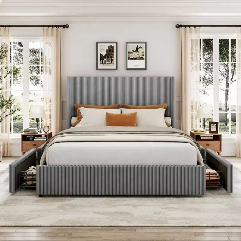 Upholstered Platform Bed Frame with Storage Drawers, Corduroy Wingback with Tufted Headboard and Footboard, No Box Spring Needed