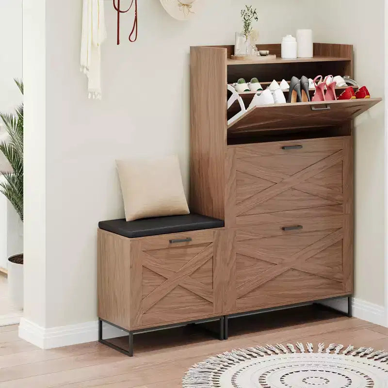 COZONY Shoe Storage Cabinet with Flip Drawers and Bench, Farmhouse Entryway Organizer for Hallway or Living Room