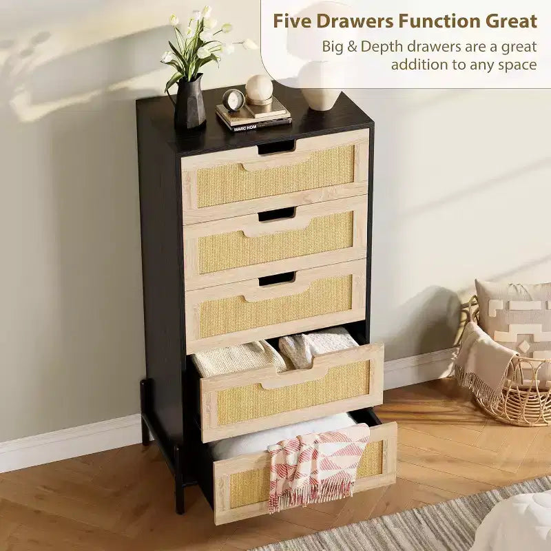 Acekool Rattan 5 Drawer Dresser, Farmhouse Chest with Metal Legs, Modern Storage Cabinet for Bedroom, Living Room, Entryway