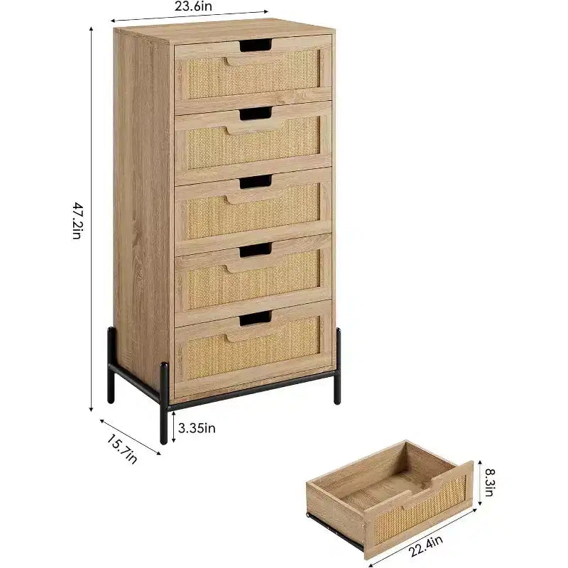 Acekool Rattan 5 Drawer Dresser, Farmhouse Chest with Metal Legs, Modern Storage Cabinet for Bedroom, Living Room, Entryway