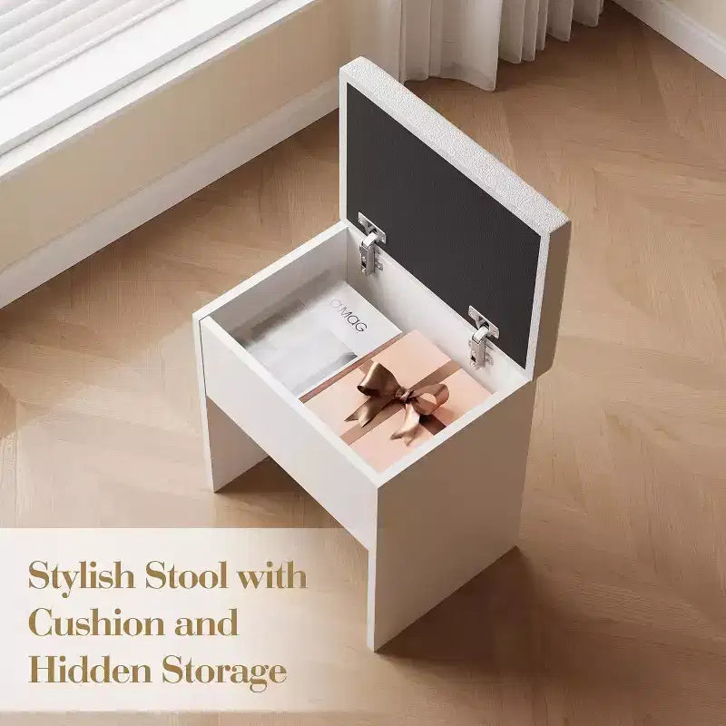 Acekool Vanity Desk with Mirror, Drawers, Cabinet, Power Access & Storage Stool, Expandable Makeup Table for Bedroom