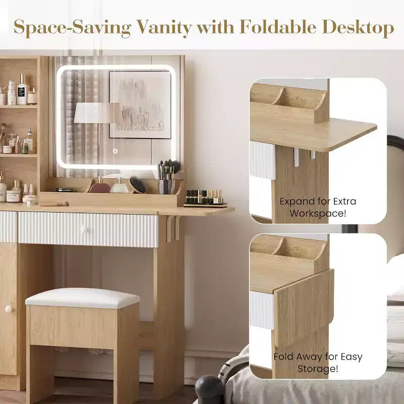 Acekool Vanity Desk with Mirror, Drawers, Cabinet, Power Access & Storage Stool, Expandable Makeup Table for Bedroom