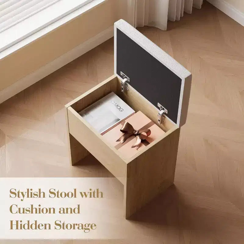 Acekool Vanity Desk with Mirror, Drawers, Cabinet, Power Access & Storage Stool, Expandable Makeup Table for Bedroom