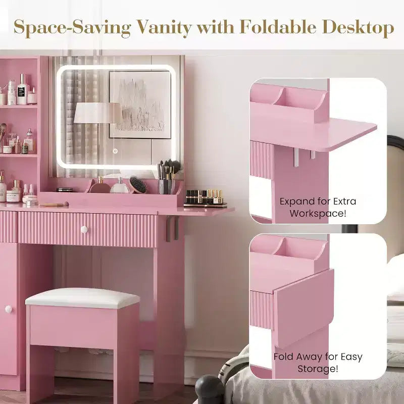 Acekool Vanity Desk with Mirror, Drawers, Cabinet, Power Access & Storage Stool, Expandable Makeup Table for Bedroom