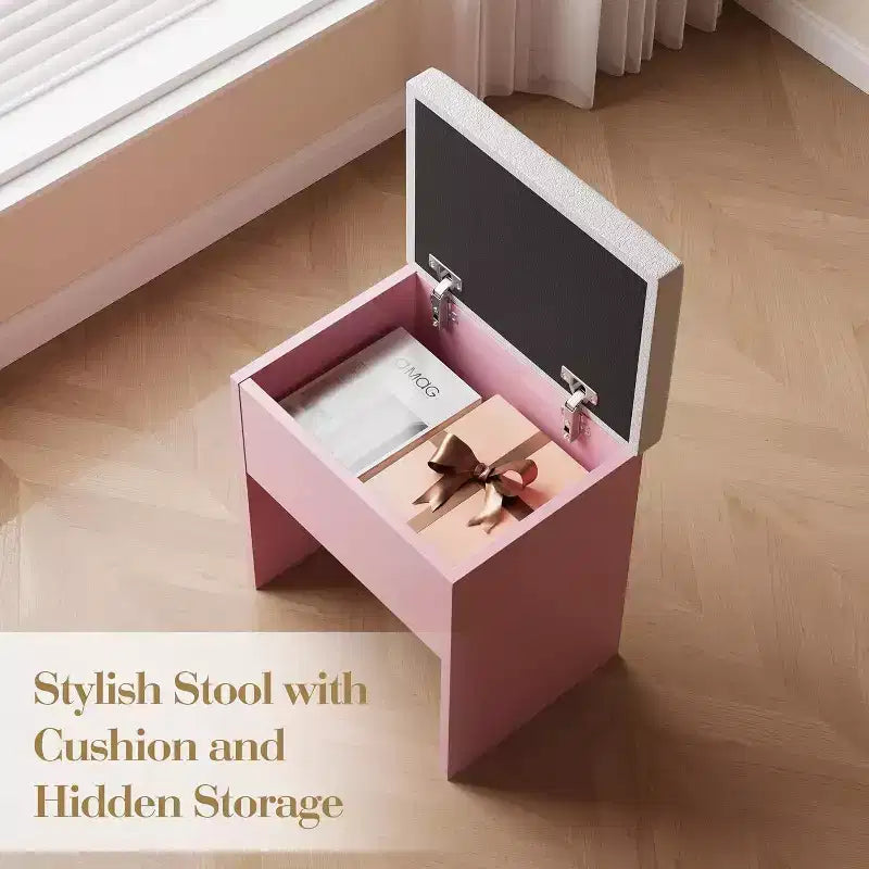 Acekool Vanity Desk with Mirror, Drawers, Cabinet, Power Access & Storage Stool, Expandable Makeup Table for Bedroom