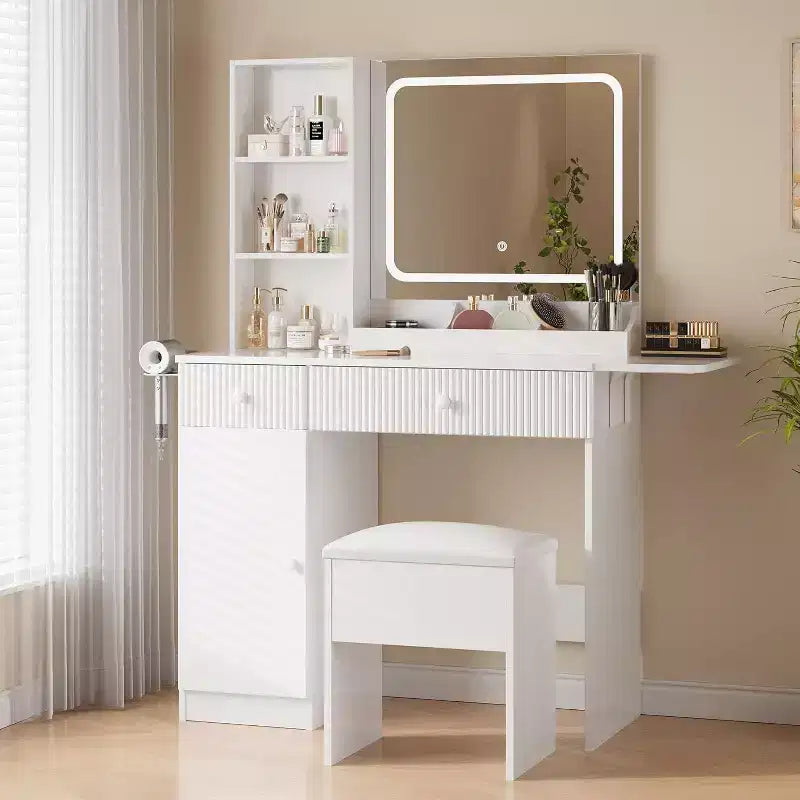 Acekool Vanity Desk with Mirror, Drawers, Cabinet, Power Access & Storage Stool, Expandable Makeup Table for Bedroom