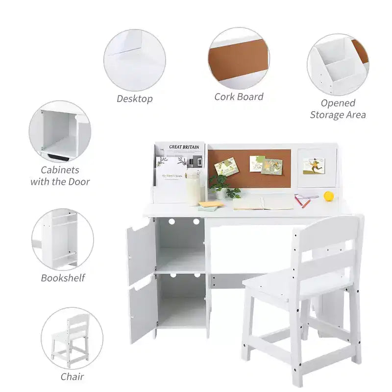 Kids Study Desk and Chair Set, Wooden School Learning Table with Storage, Hutch and Bulletin Board, Children Computer Desk with Chair