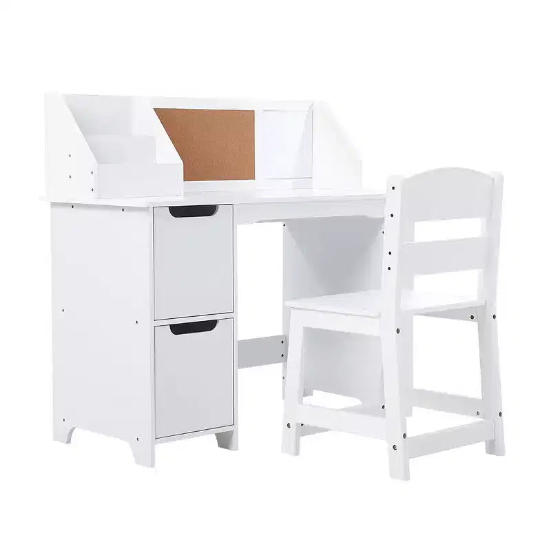 Kids Study Desk and Chair Set, Wooden School Learning Table with Storage, Hutch and Bulletin Board, Children Computer Desk with Chair