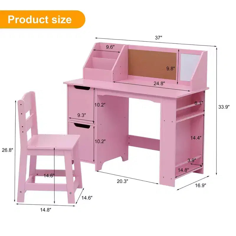Kids Study Desk and Chair Set, Wooden School Learning Table with Storage, Hutch and Bulletin Board, Children Computer Desk with Chair