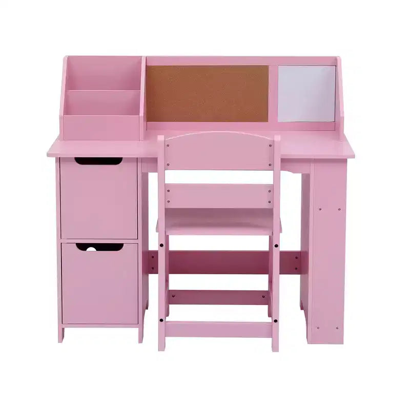 Kids Study Desk and Chair Set, Wooden School Learning Table with Storage, Hutch and Bulletin Board, Children Computer Desk with Chair