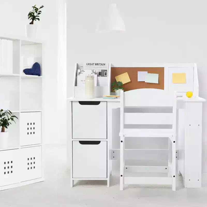 Kids Study Desk and Chair Set, Wooden School Learning Table with Storage, Hutch and Bulletin Board, Children Computer Desk with Chair