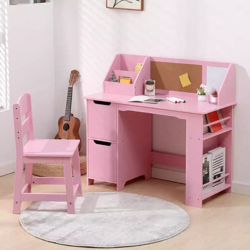Kids Study Desk and Chair Set, Wooden School Learning Table with Storage, Hutch and Bulletin Board, Children Computer Desk with Chair