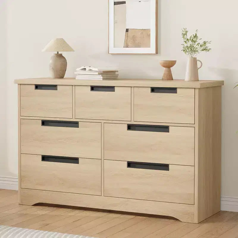 7 Drawer Dresser for Bedroom, Natural Modern Double Dresser Organizer with Embedded Handles Design, Wooden Chest of Drawers for Living Room