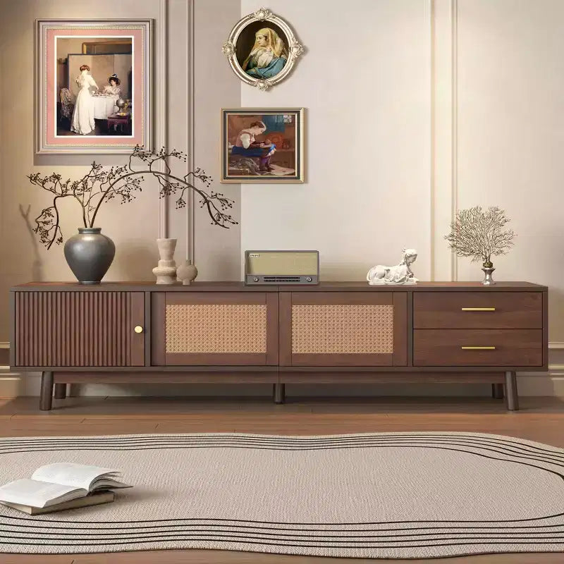 MAYEERTY Mid Century Modern TV Stand for 80 TVs, Entertainment Center with Sliding Doors and Drawers for Living Room