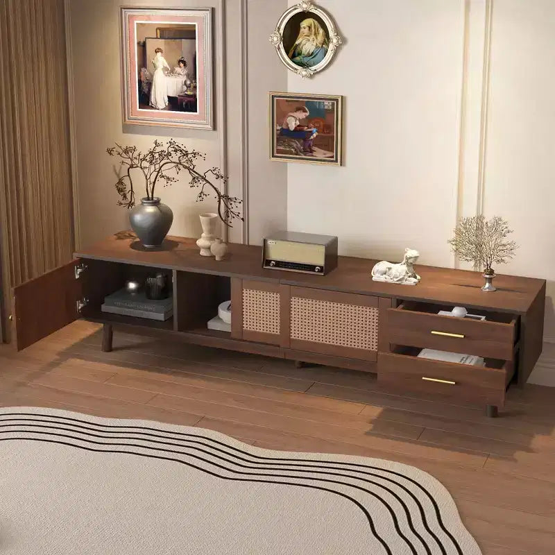 MAYEERTY Mid Century Modern TV Stand for 80 TVs, Entertainment Center with Sliding Doors and Drawers for Living Room