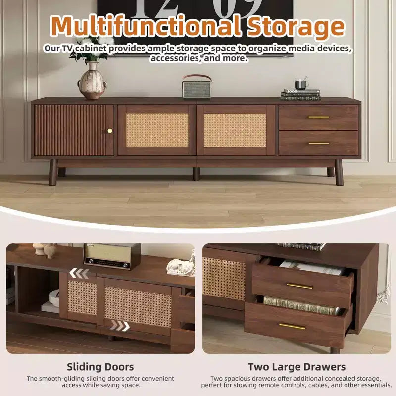 MAYEERTY Mid Century Modern TV Stand for 80 TVs, Entertainment Center with Sliding Doors and Drawers for Living Room