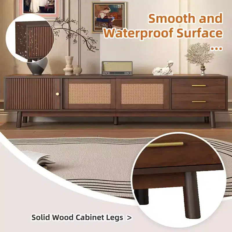 MAYEERTY Mid Century Modern TV Stand for 80 TVs, Entertainment Center with Sliding Doors and Drawers for Living Room