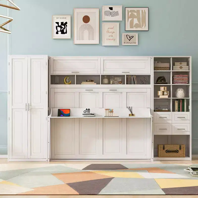 Whisen Full Size Murphy Bed & Wall Bed with Closet , Drawers and Shelves
