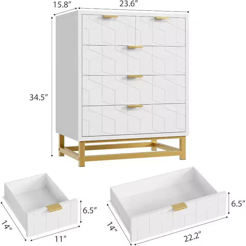 Acekool 5 Drawer Dresser, Modern Wide Storage Chest with Gold Metal Legs and Carved Front for Bedroom, Living Room, Entryway