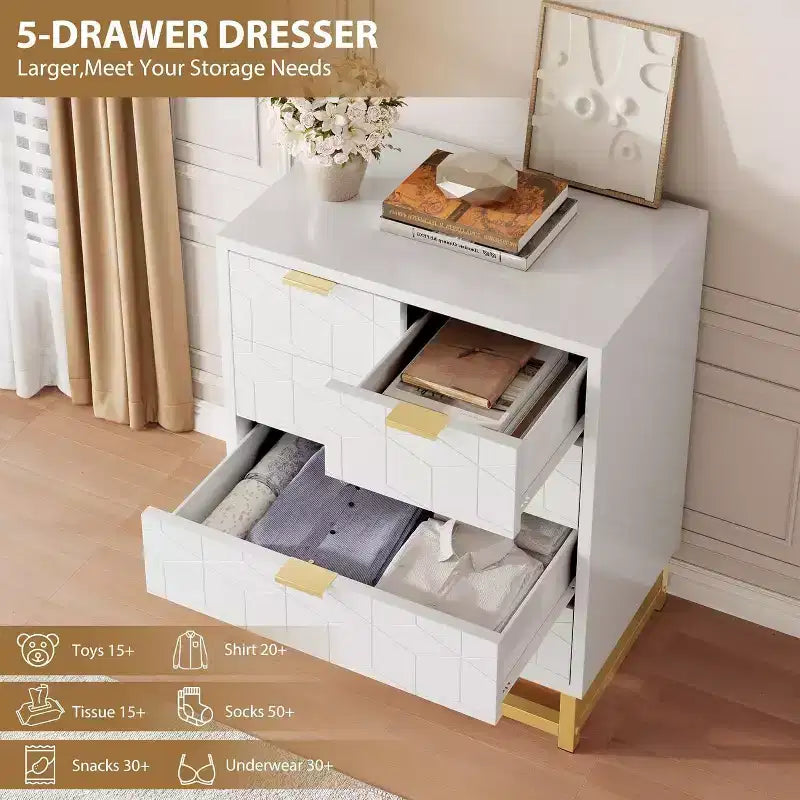 Acekool 5 Drawer Dresser, Modern Wide Storage Chest with Gold Metal Legs and Carved Front for Bedroom, Living Room, Entryway