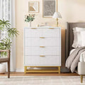 Acekool 5 Drawer Dresser, Modern Wide Storage Chest with Gold Metal Legs and Carved Front for Bedroom, Living Room, Entryway