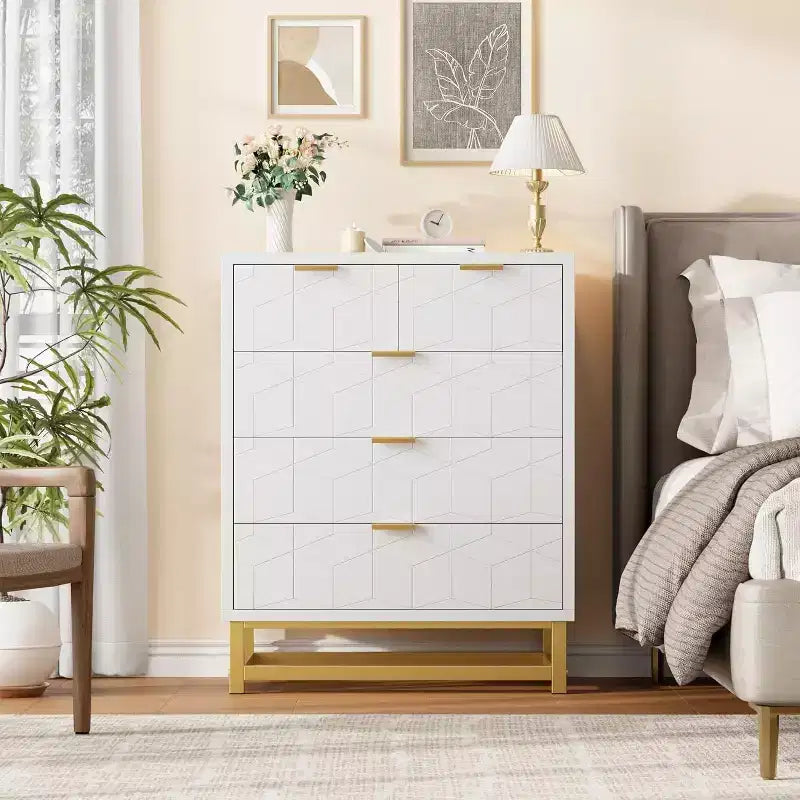 Acekool 5 Drawer Dresser, Modern Wide Storage Chest with Gold Metal Legs and Carved Front for Bedroom, Living Room, Entryway
