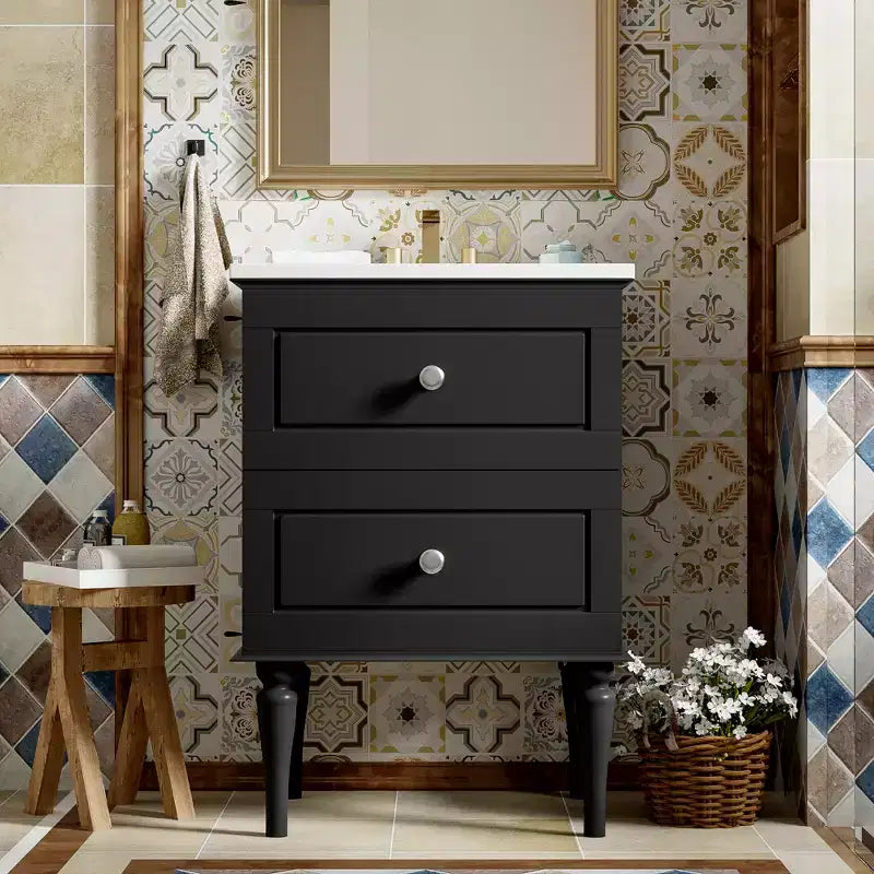 24 Small Bathroom Vanity with Sink, Bathroom Storage Cabinet with Drawers, Black