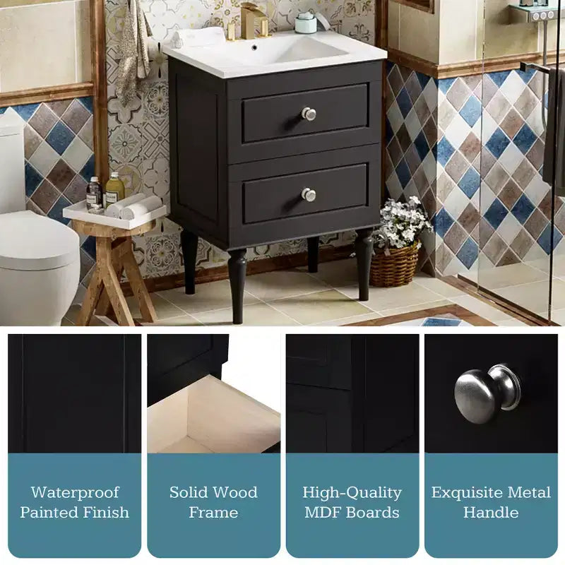 24 Small Bathroom Vanity with Sink, Bathroom Storage Cabinet with Drawers, Black