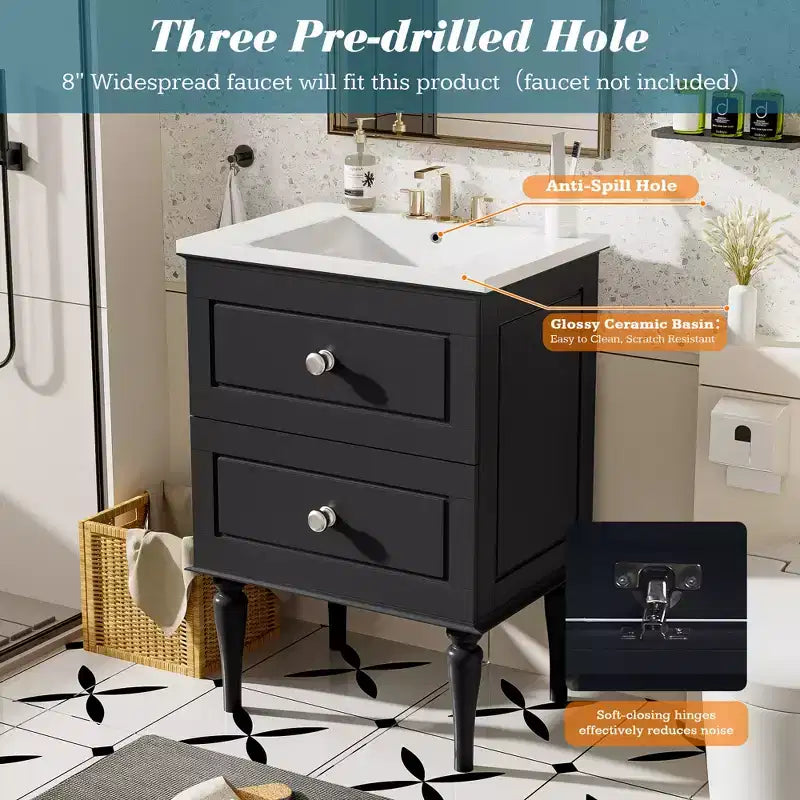 24 Small Bathroom Vanity with Sink, Bathroom Storage Cabinet with Drawers, Black