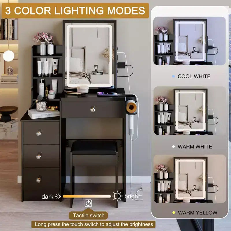 Small Vanity Desk with Mirror and Lights, Makeup Vanity Desk Drawers and Shelves, 3 Lighting Mode Adjustable Lighting, Dressing Table