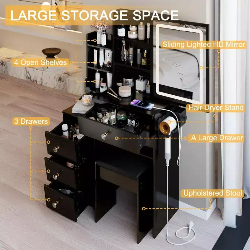 Small Vanity Desk with Mirror and Lights, Makeup Vanity Desk Drawers and Shelves, 3 Lighting Mode Adjustable Lighting, Dressing Table