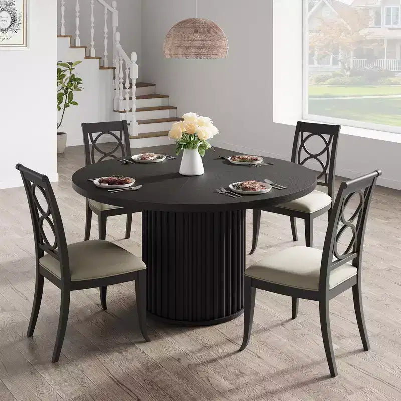 47 Round Dining Table for 4-6, Wooden Kitchen Table with Metal Pedestal Base, Modern Circular Dinner Table, Breakfast Table for Living Room,No Chair
