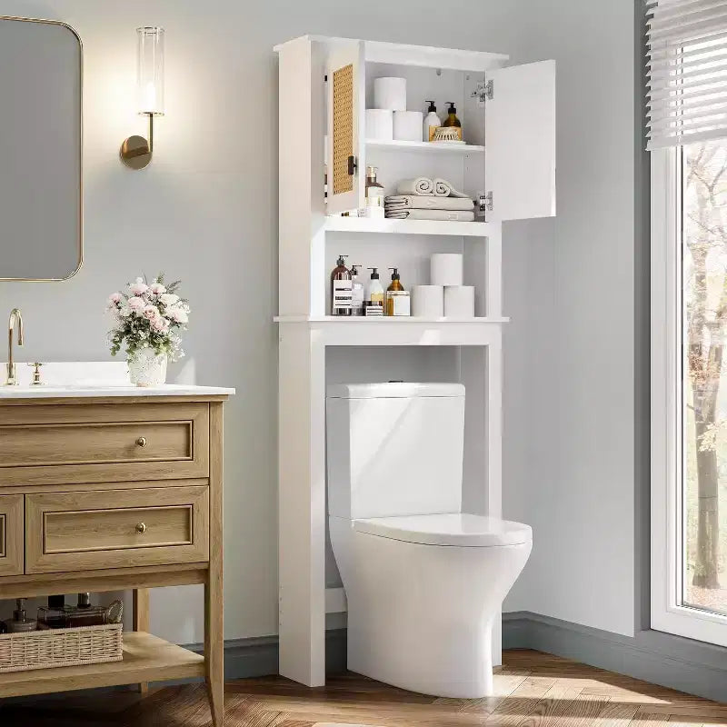 Farmhouse White Over Toilet Storage Cabinet with Natural Rattan Doors, Adjustable Shelf, Versatile Bathroom Organizer