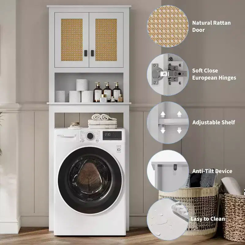 Farmhouse White Over Toilet Storage Cabinet with Natural Rattan Doors, Adjustable Shelf, Versatile Bathroom Organizer