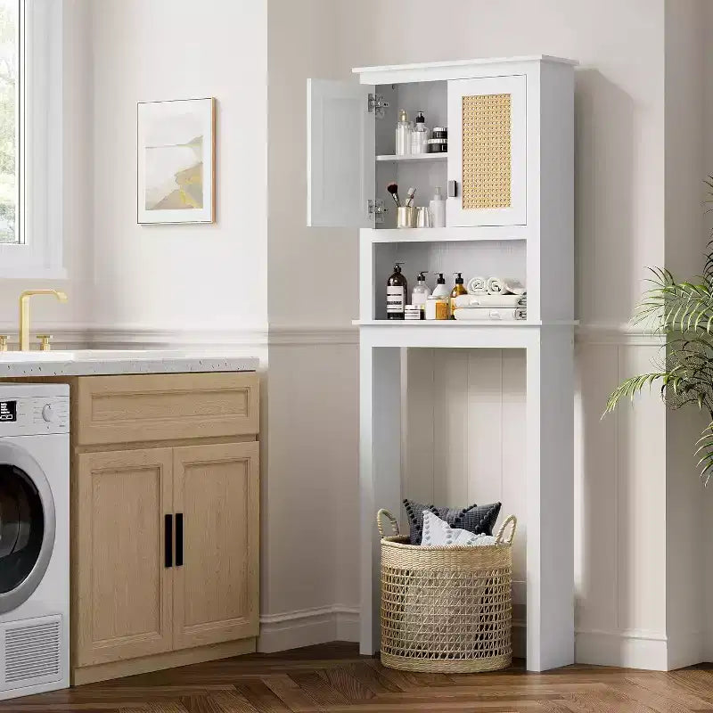Farmhouse White Over Toilet Storage Cabinet with Natural Rattan Doors, Adjustable Shelf, Versatile Bathroom Organizer