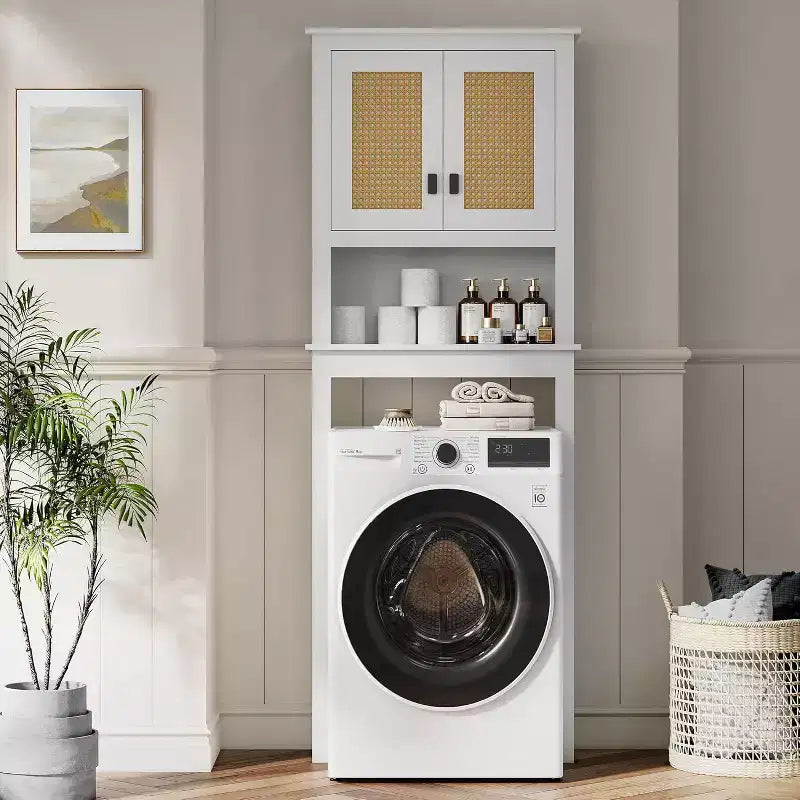 Farmhouse White Over Toilet Storage Cabinet with Natural Rattan Doors, Adjustable Shelf, Versatile Bathroom Organizer