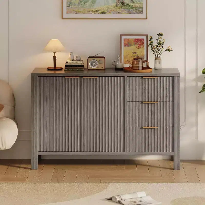 Modern Buffet Fluted Sideboard Storage Cabinet for Living Room, Hallway, Grey