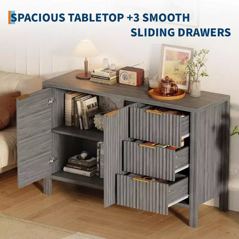 Modern Buffet Fluted Sideboard Storage Cabinet for Living Room, Hallway, Grey