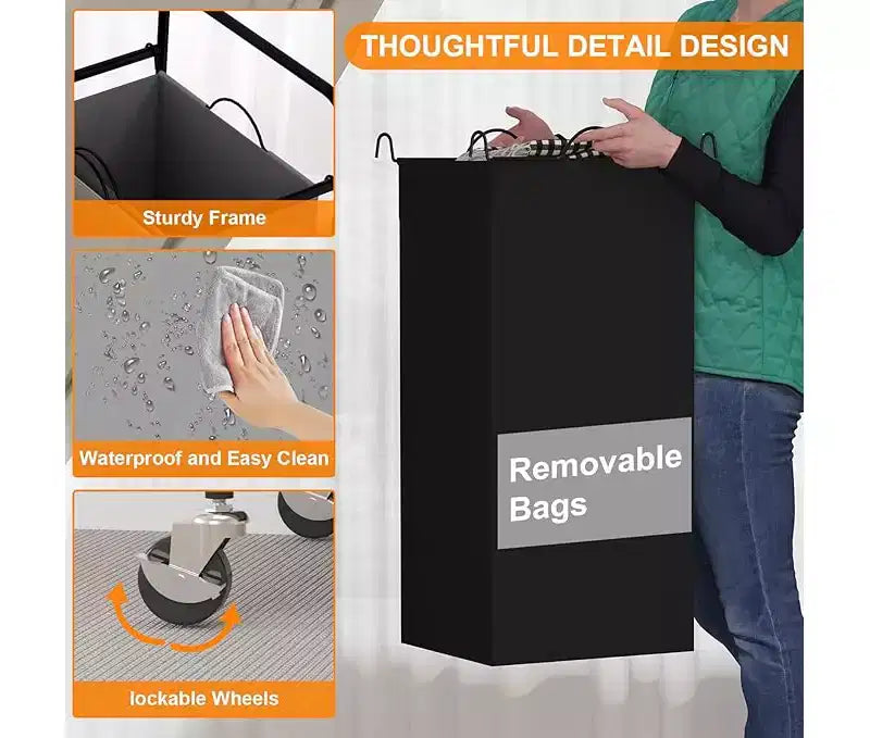 Bag Laundry Basket Hamper, Heavy Duty Laundry Sorter Cart with Lockable Wheels and Removable Bags for Clothes Storage