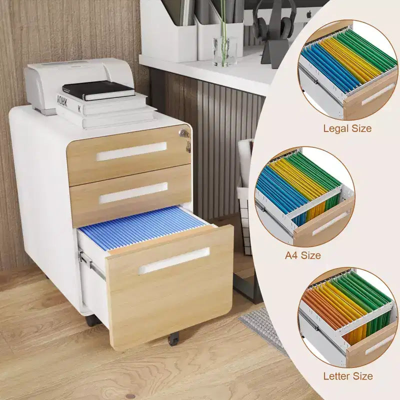 3 Drawer File Cabinet with Lock, Mobile Metal Vertical Filing Cabinet, Under Desk Storage Cabinet with Wheels, Fit Letter/A4/Legal Size File
