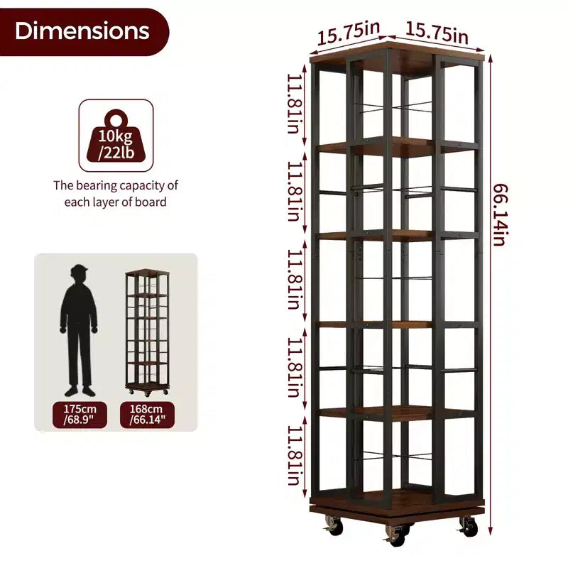 GDFStudio Jelor 66.14H Modern 5-Tier 360 Rotating Narrow Bookshelf