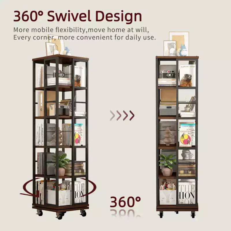 GDFStudio Jelor 66.14H Modern 5-Tier 360 Rotating Narrow Bookshelf