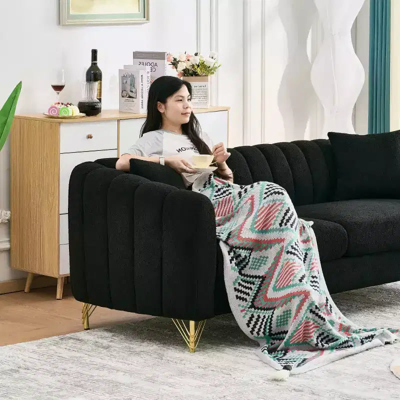 Modern Tufted Loveseat Sofa with Wood Frame and Gold Metal Legs, Chenille DeepSeat Couch for Living Room, Small Space or Apartment - Panipeachy