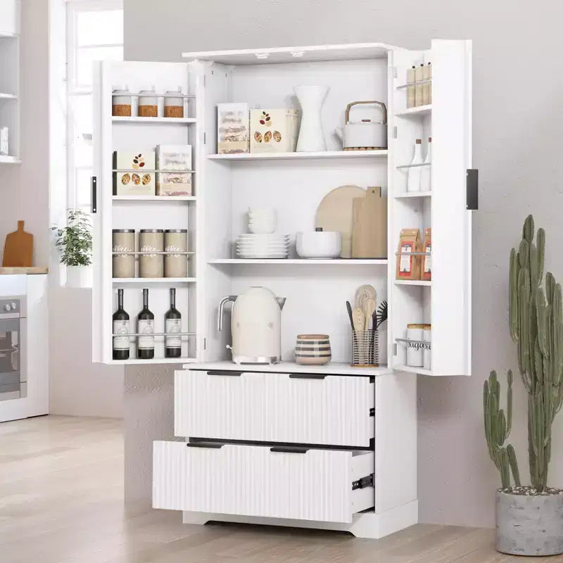 Tall Kitchen Pantry Cabinet with 2 Large Drawers,Fluted Pantry Organizer Storage Cabinet with 8 Door Shelf,Versatile Cupboard forDining Room