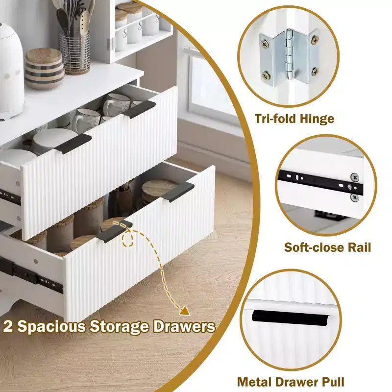 Tall Kitchen Pantry Cabinet with 2 Large Drawers,Fluted Pantry Organizer Storage Cabinet with 8 Door Shelf,Versatile Cupboard forDining Room