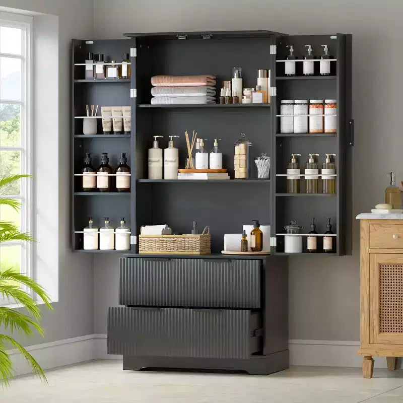 Tall Kitchen Pantry Cabinet with 2 Large Drawers,Fluted Pantry Organizer Storage Cabinet with 8 Door Shelf,Versatile Cupboard forDining Room