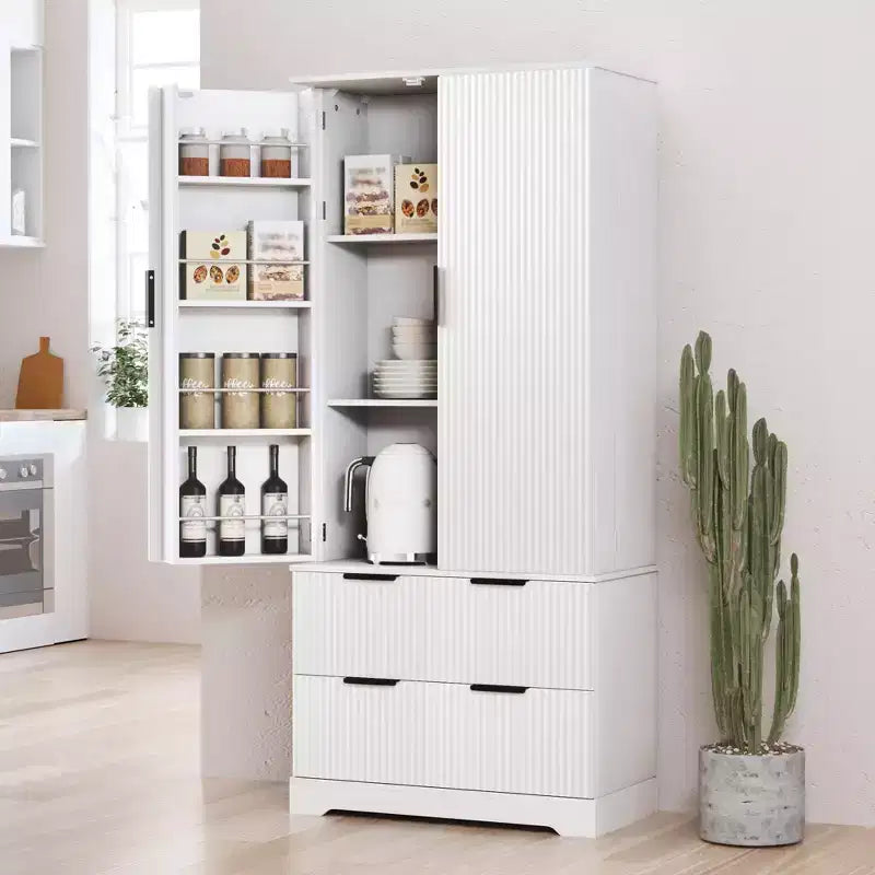 Tall Kitchen Pantry Cabinet with 2 Large Drawers,Fluted Pantry Organizer Storage Cabinet with 8 Door Shelf,Versatile Cupboard forDining Room